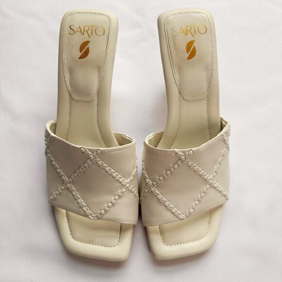 Franco Sarto Betty  8.5 Cream Slip On Shoes Square Sandals Mid Pump Heel - Picture 7 of 7